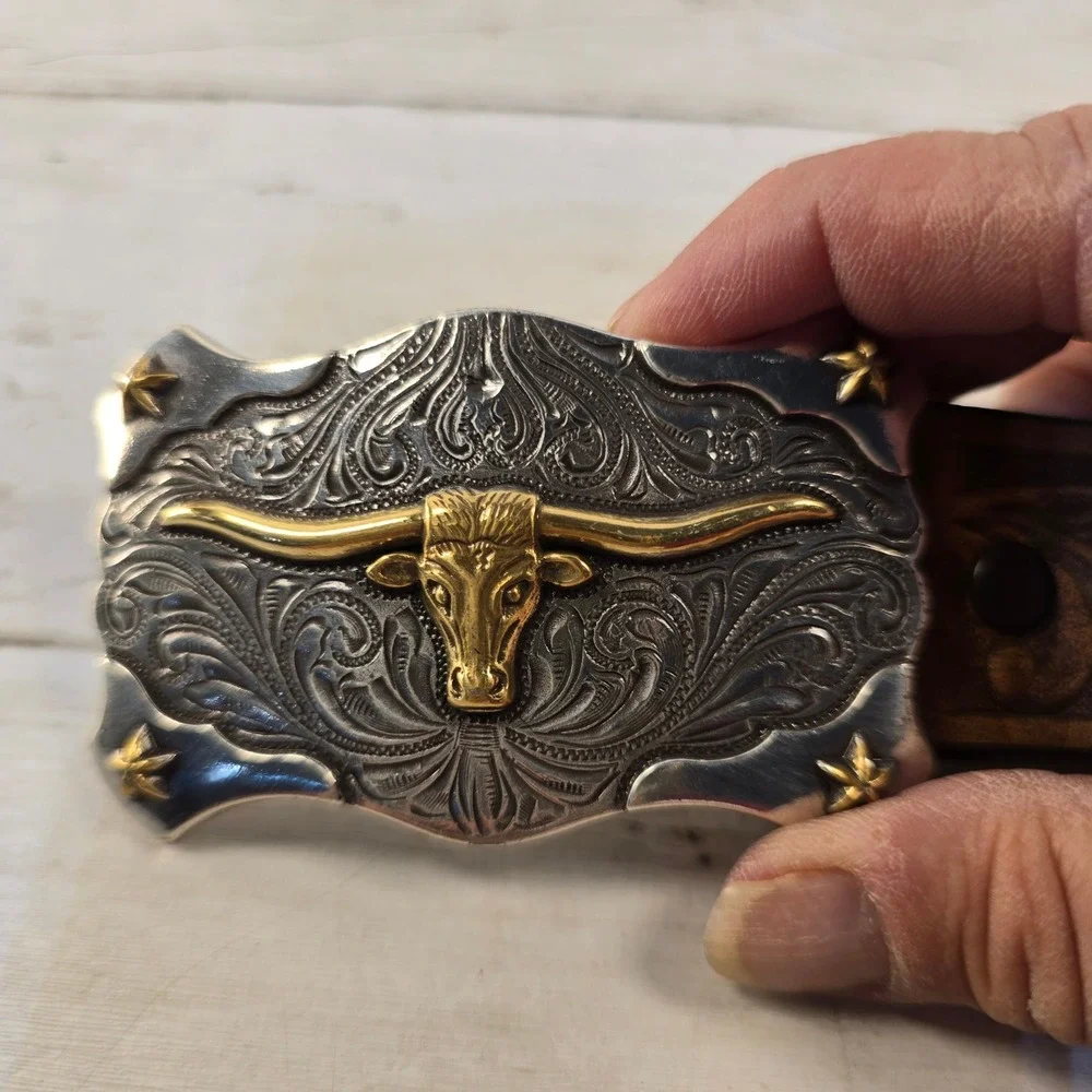 Kid Western Brown Leather Tooled Belt Longhorn Bull Trophy Buckle Made in USA 22